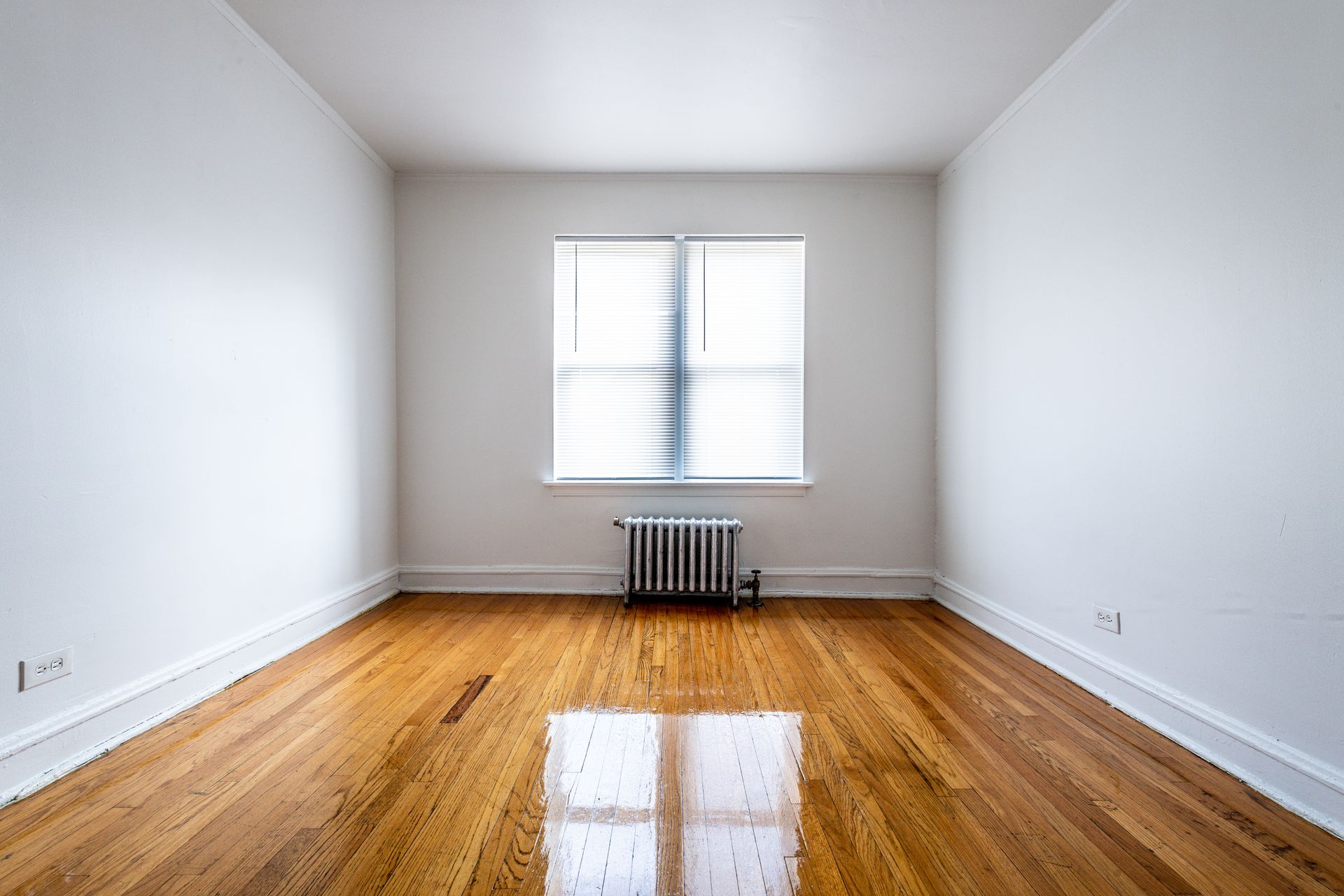 Empty room with hardwood floors, a window with blinds, and a radiator.
