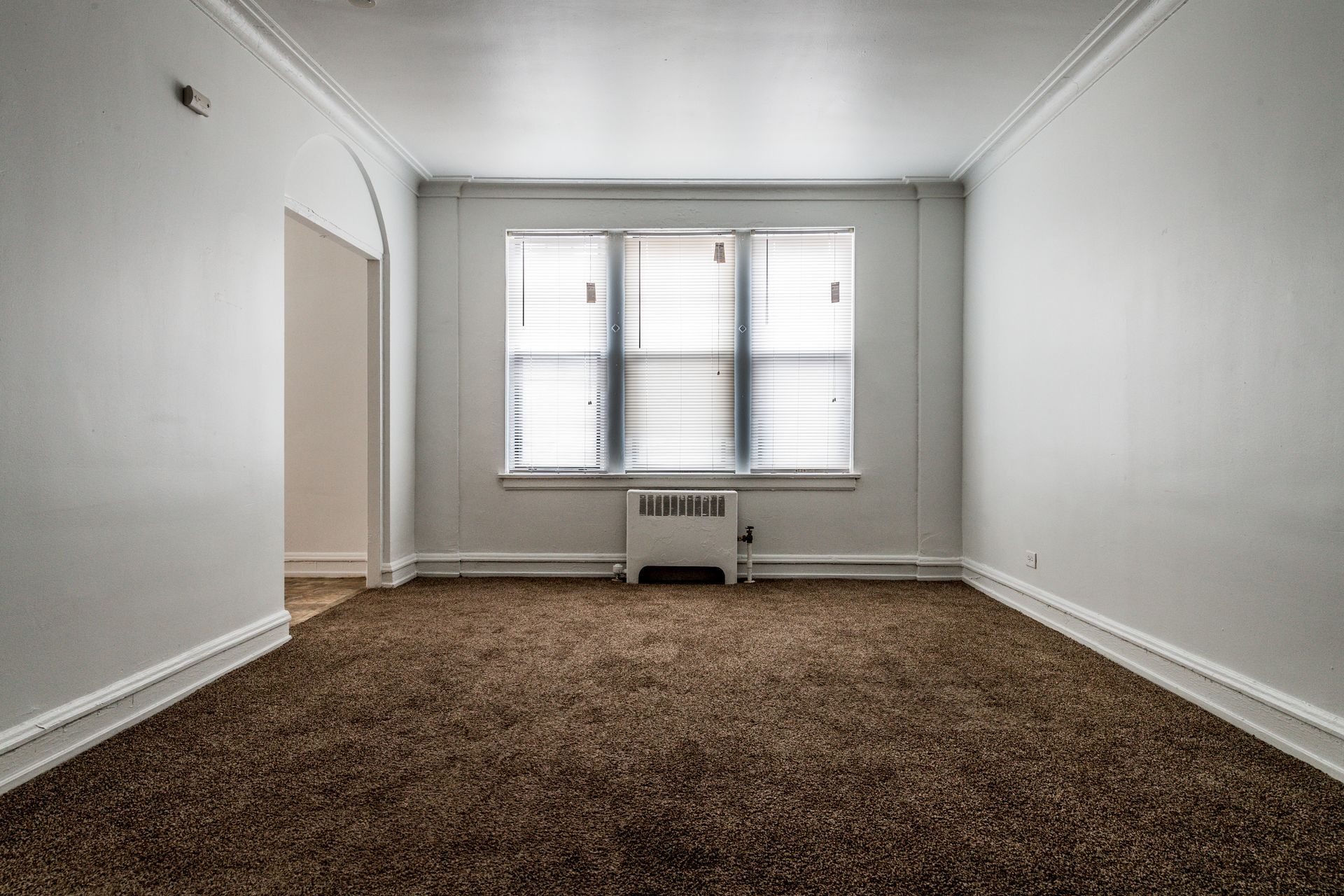 Empty living room with brown carpet, white walls, and a window with blinds.