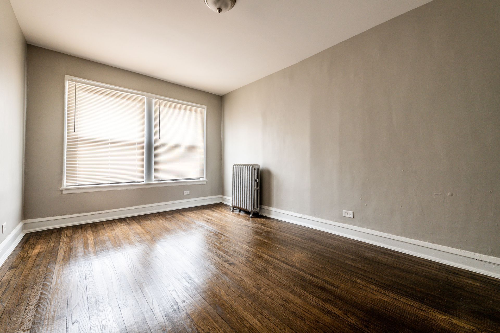 Empty room with hardwood floors, a window with blinds, and a radiator against a gray wall.