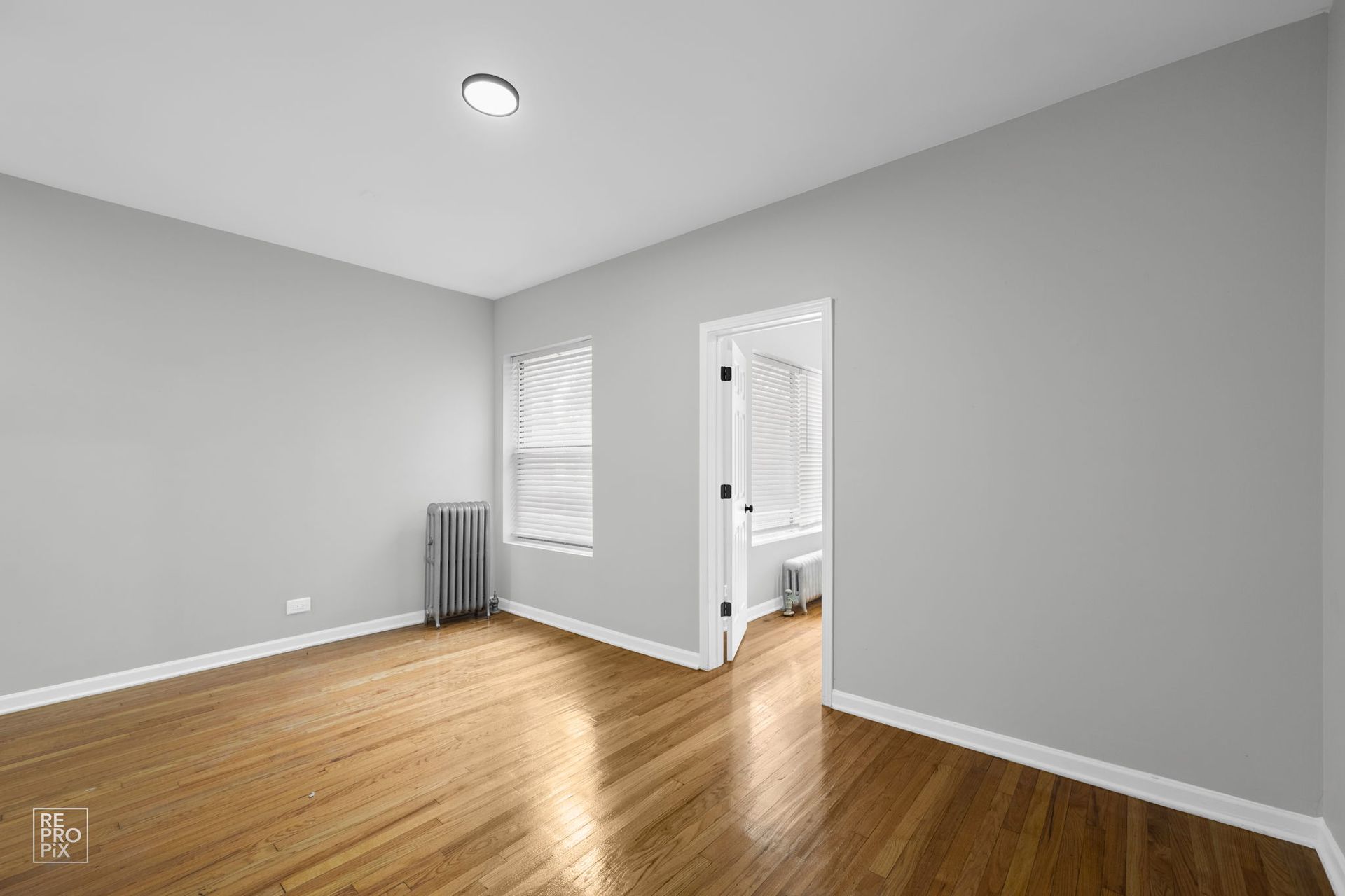 Empty room with light gray walls, wood floor, two windows, and doorway to a bathroom.