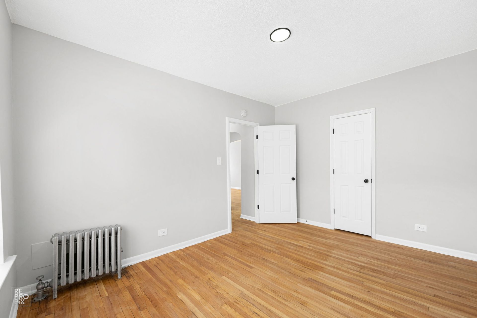 Empty room with hardwood floors, two white doors, a radiator, and gray walls.