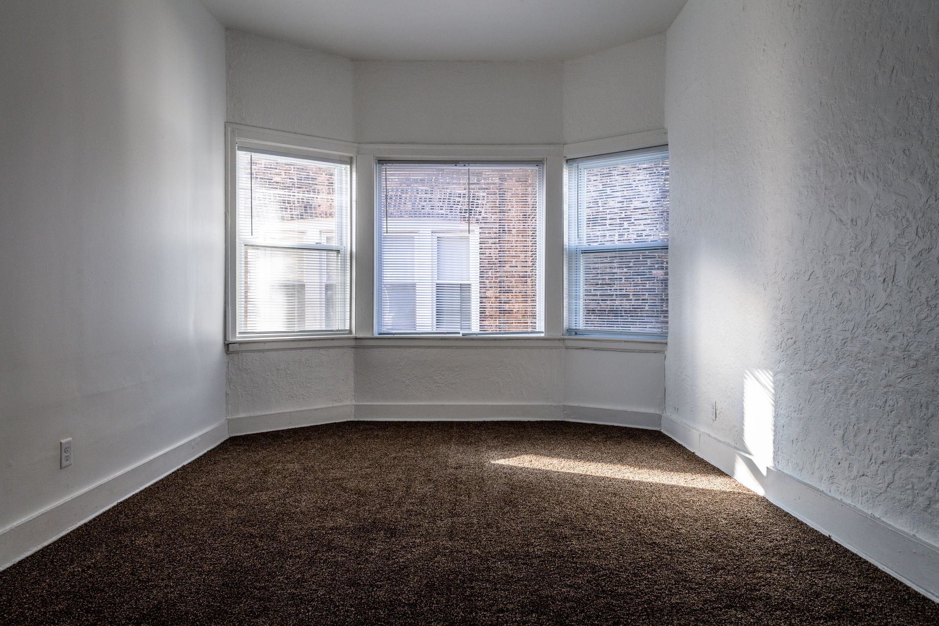 Empty room with bay windows, white walls, and brown carpet.