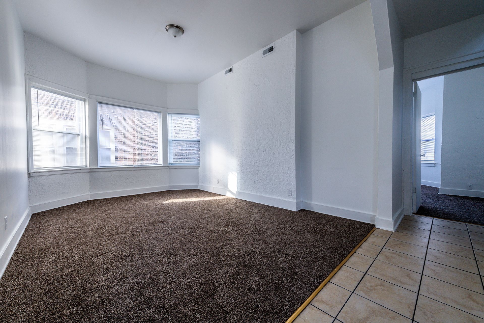 Empty room with brown carpet, white walls, and a set of windows.