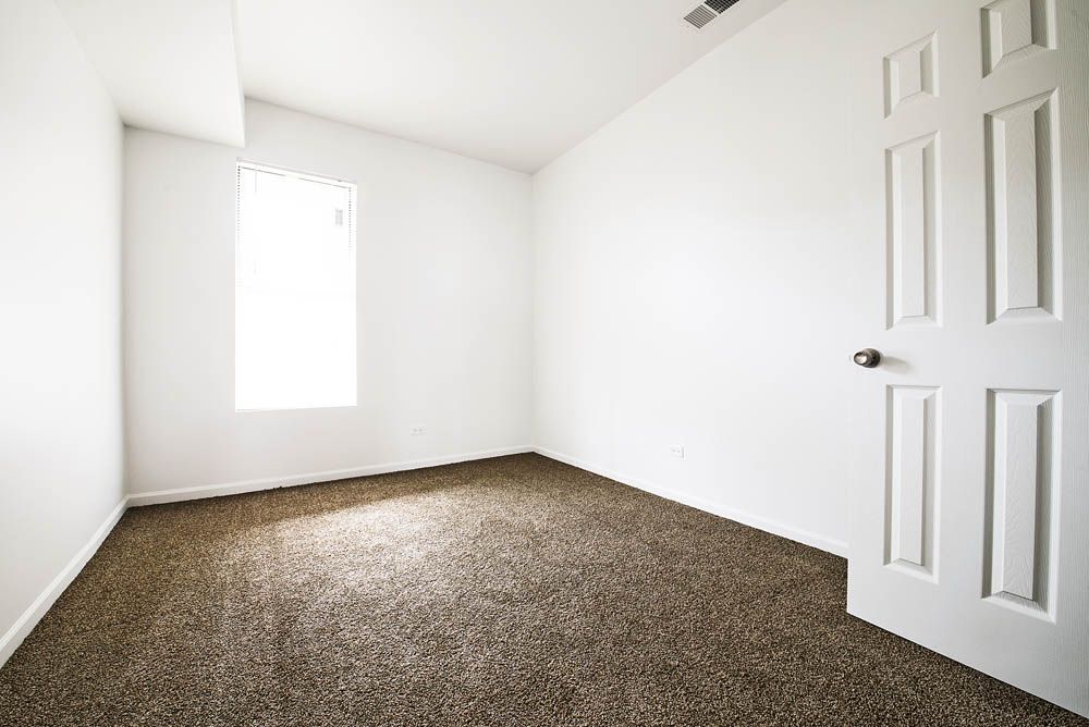 Empty room with brown carpet, white walls, a closed door, and a window.