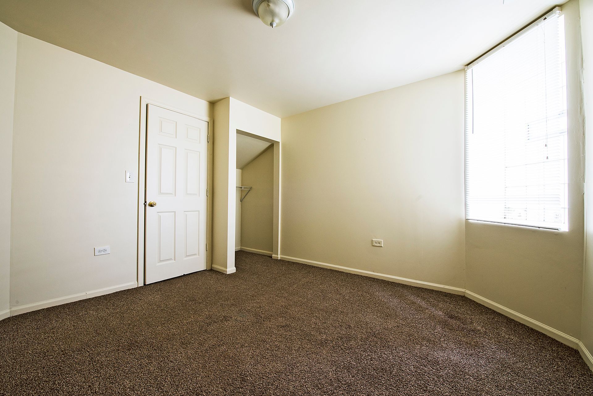 Empty room with beige walls, brown carpet, and a large window.