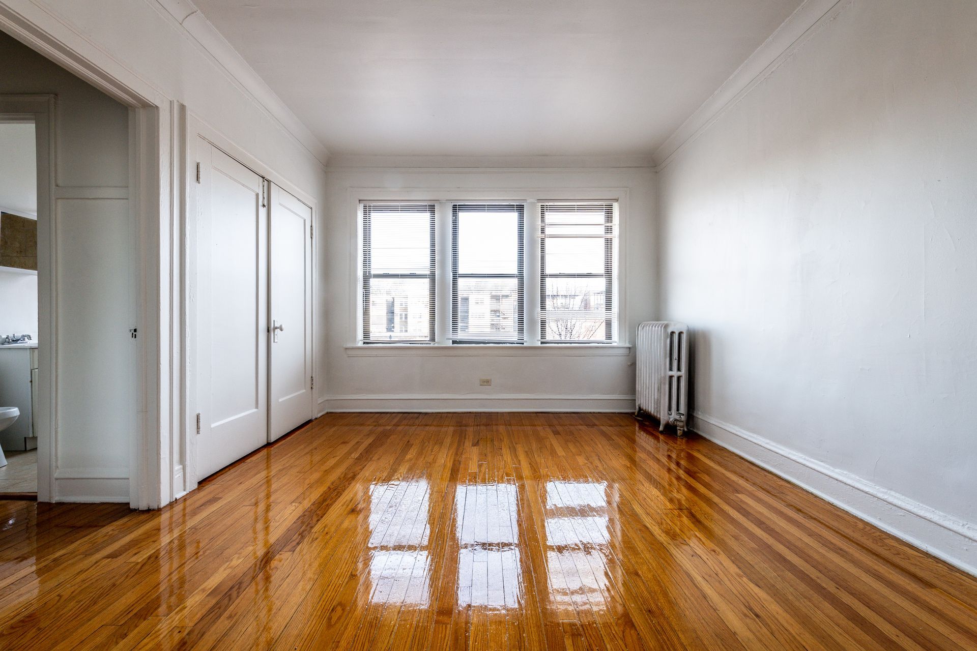 Empty room with hardwood floors, three windows, and radiator. White walls and two doors.