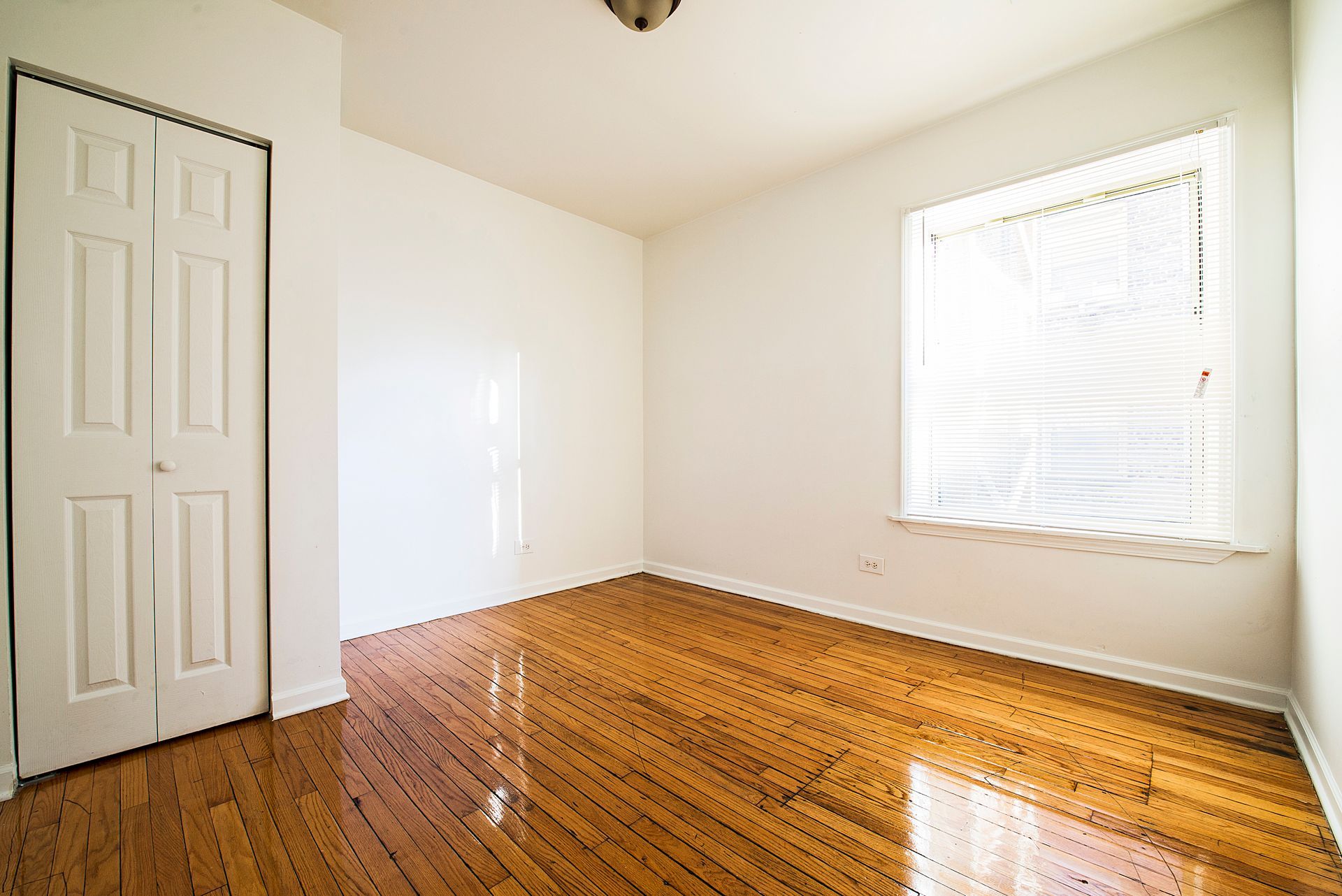 Empty room with hardwood floors, white walls, closet door, and window.