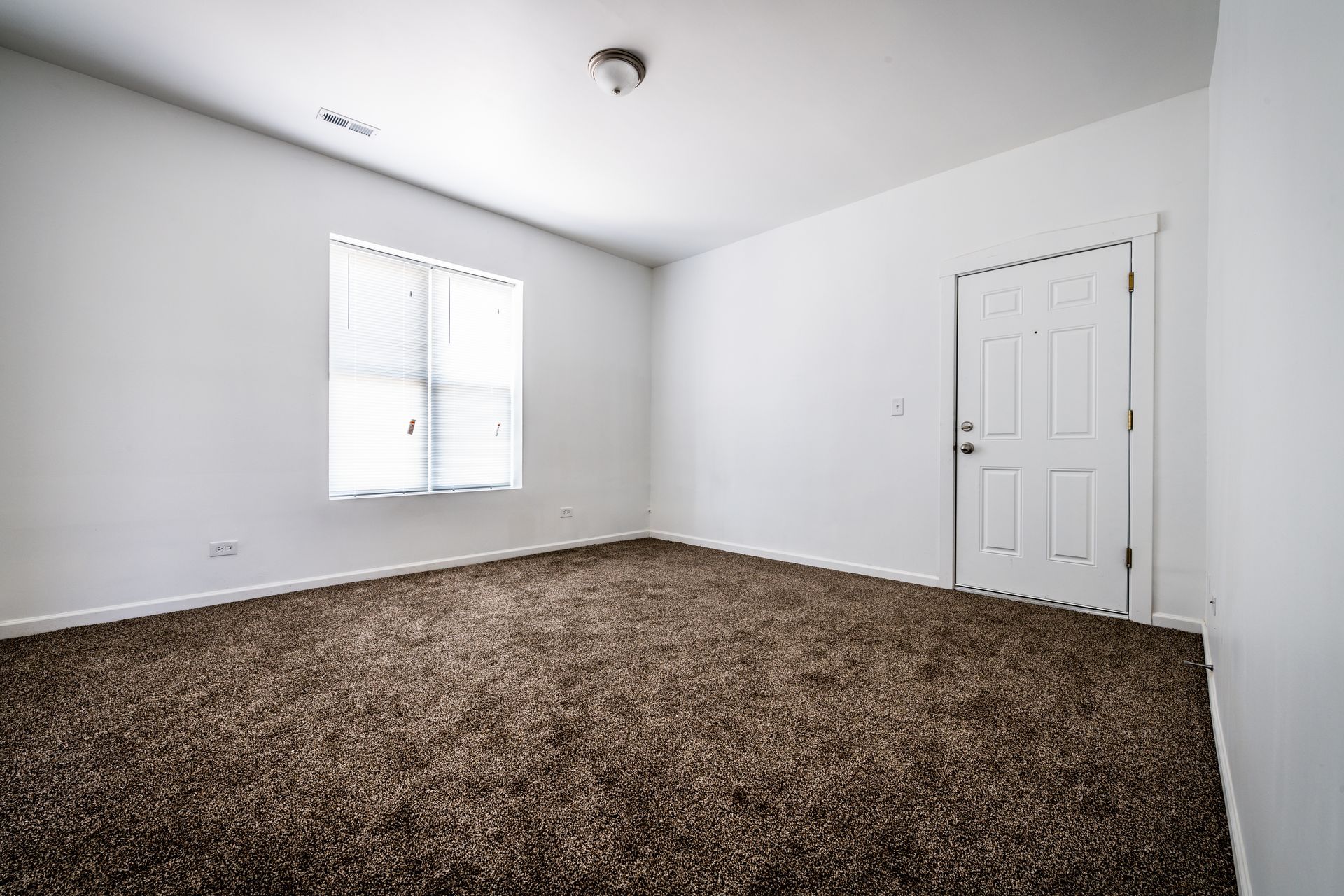 Empty room with brown carpet, white walls, a window, and a door.