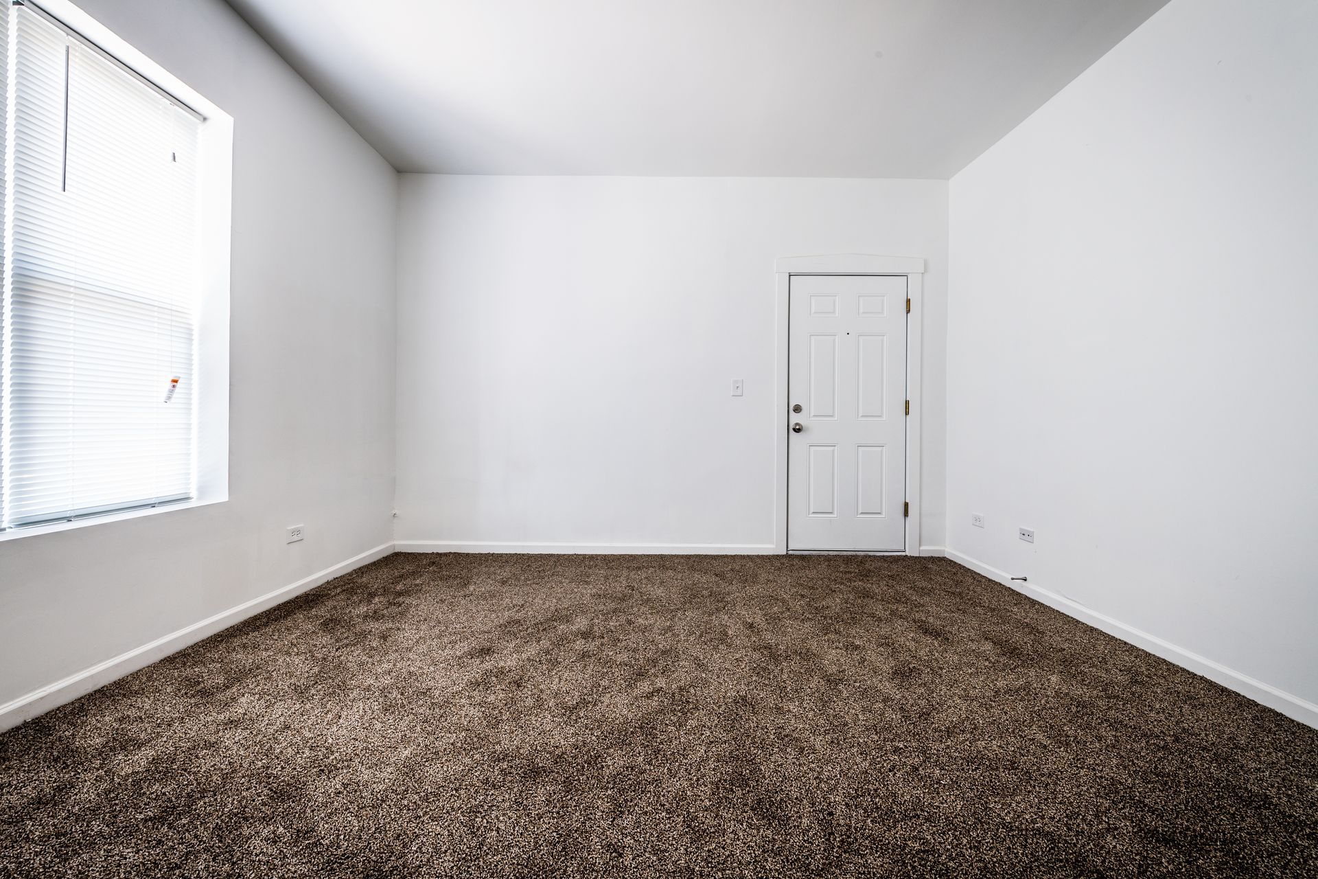 Empty room with brown carpet, white walls, door, and window with blinds.