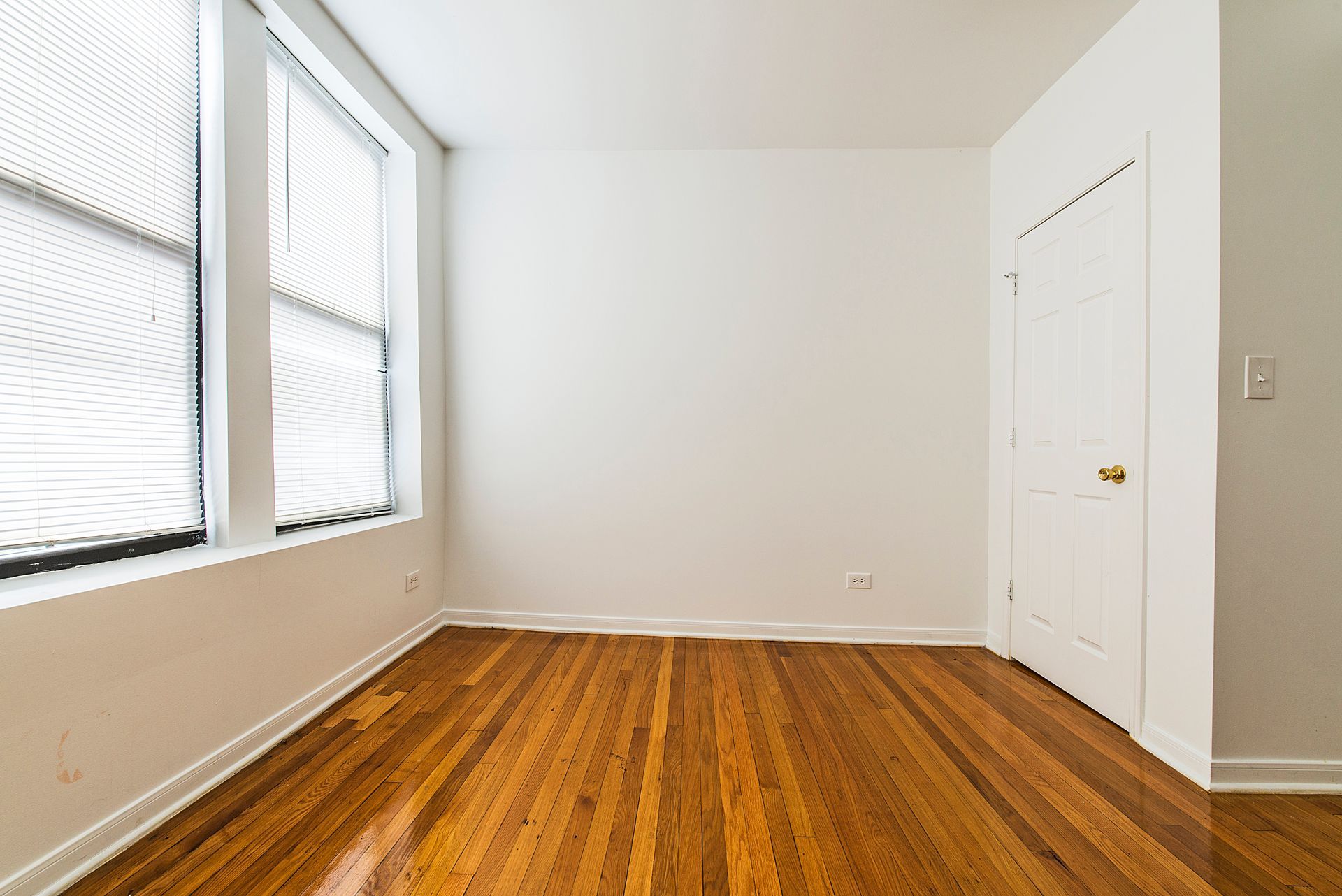 Empty room with hardwood floors, white walls, two windows with blinds, and a closed white door.