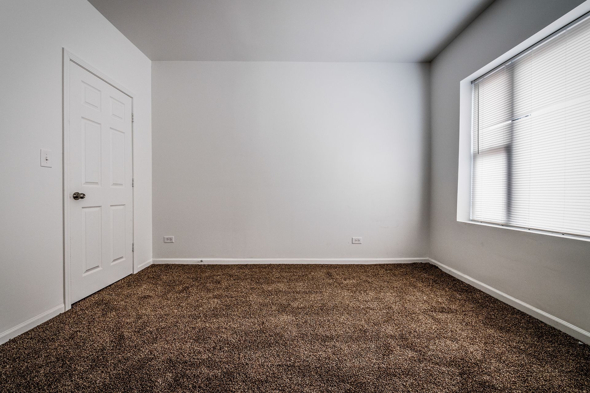 Empty room with white walls, a closed door, window with blinds, and brown carpet.