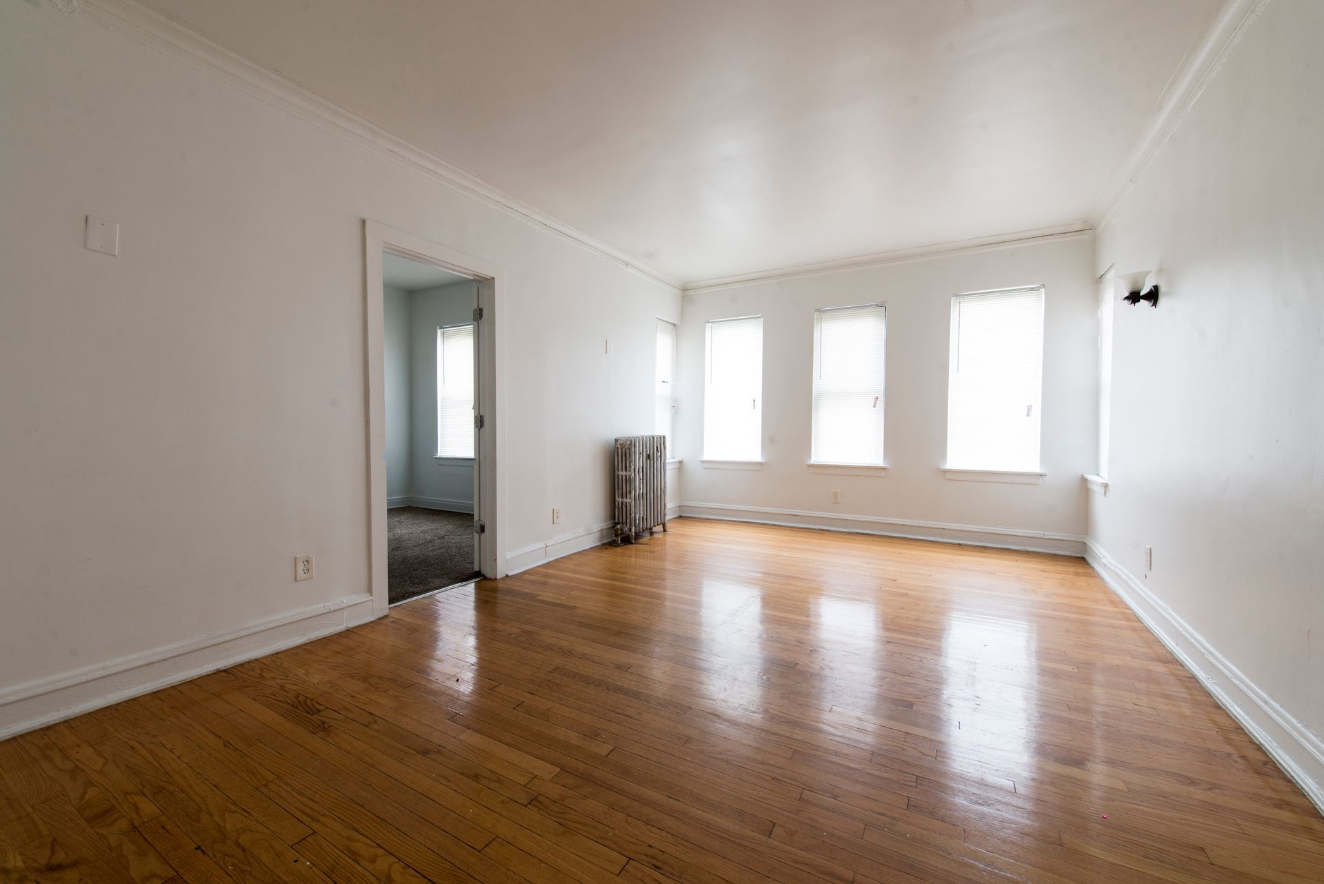 Empty room with hardwood floors, white walls, and three windows.
