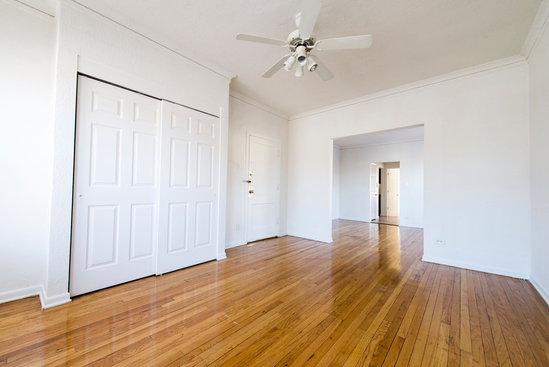 Empty room with hardwood floors, white walls, closet, and doorway leading to another room.