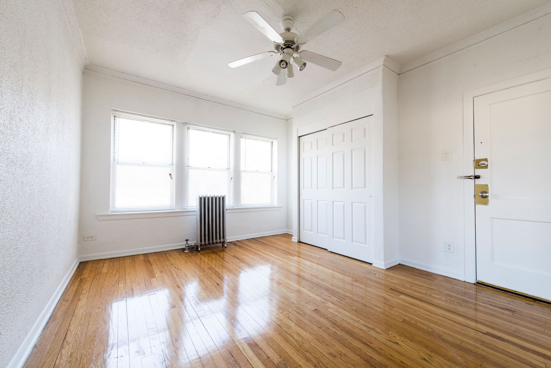 Empty bedroom with wood floors, three windows, white walls, closet, door, and ceiling fan.