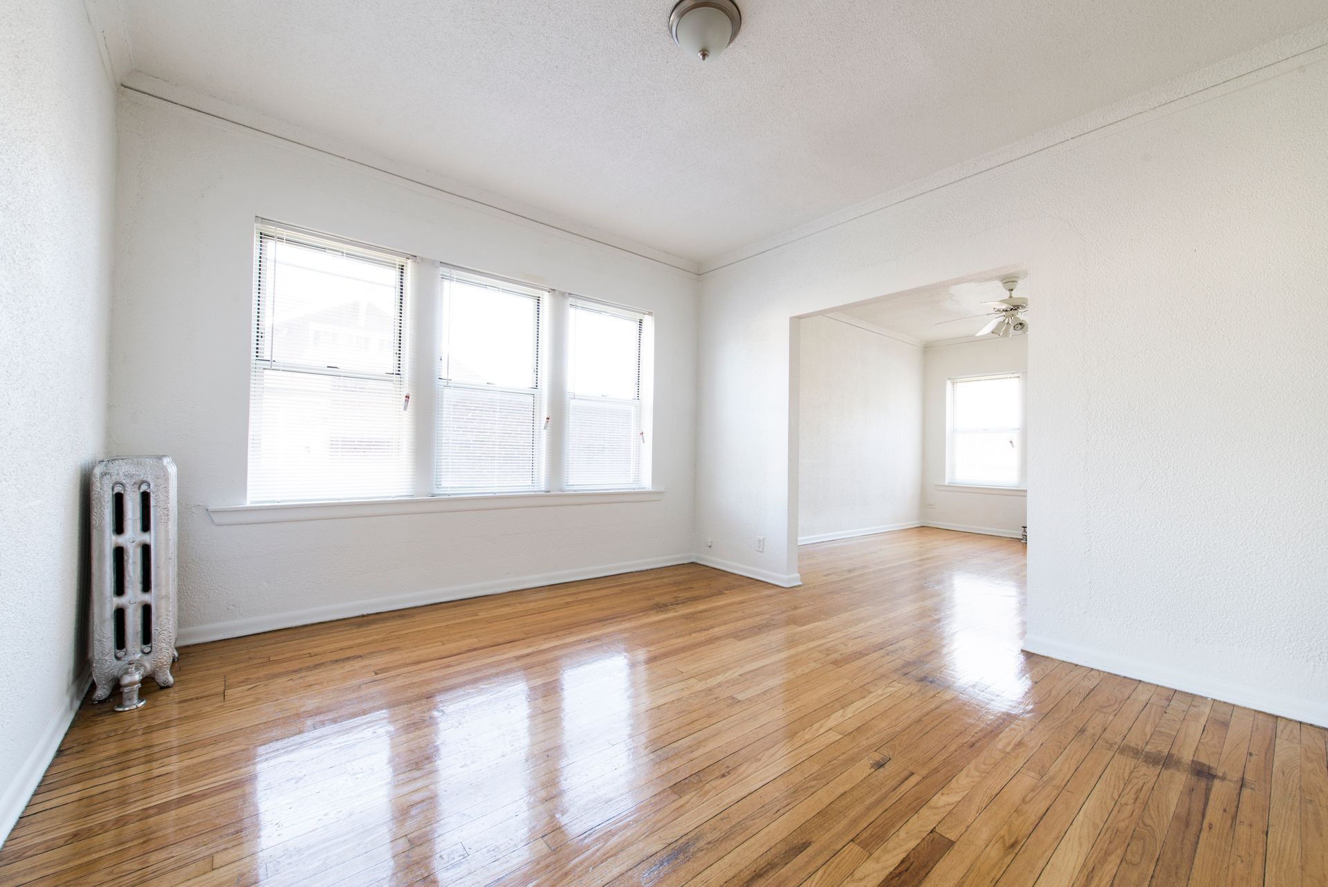 Empty living room with wood floors, large windows, and radiator.