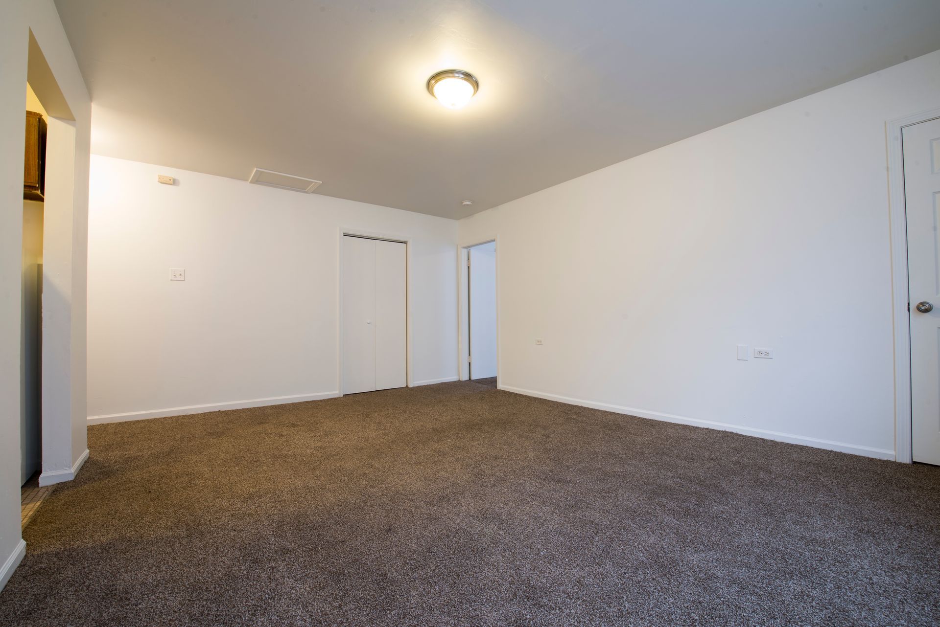 Empty room with tan carpet, white walls, and two closed doors. A ceiling light is on.