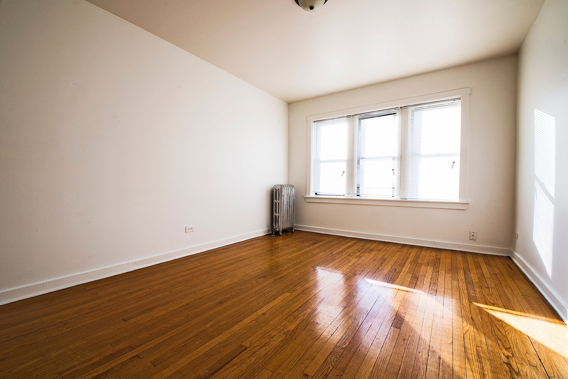Empty room with wood floors and a window. A radiator sits beneath the window on the right.