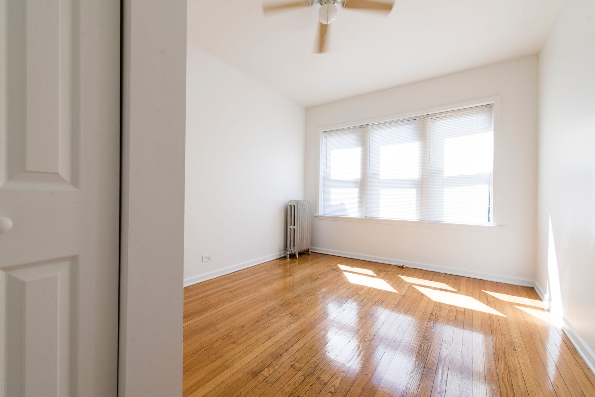 Empty room with hardwood floors, a closed white door, and a window with blinds.