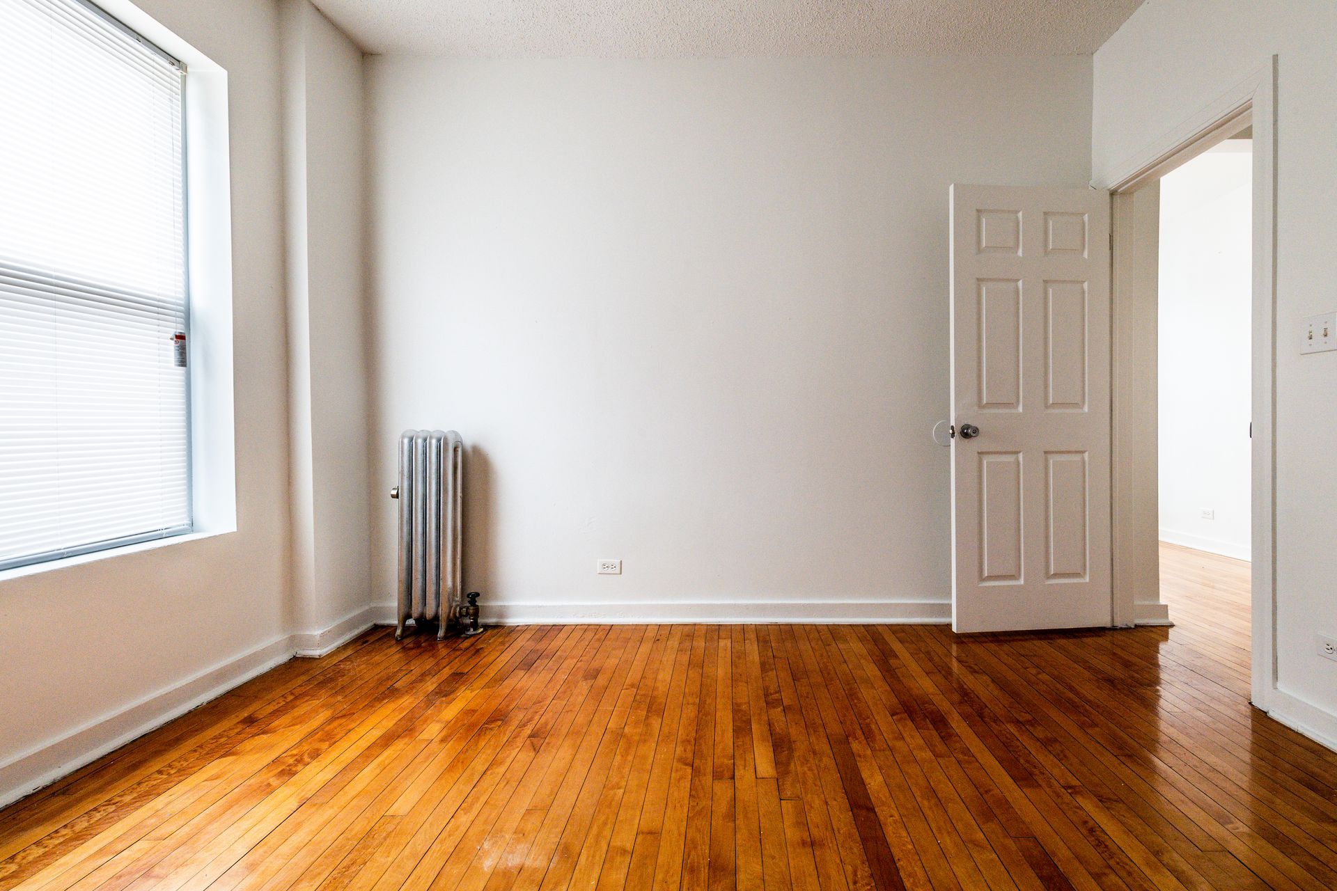 Empty room with hardwood floors, white walls, and a closed door.