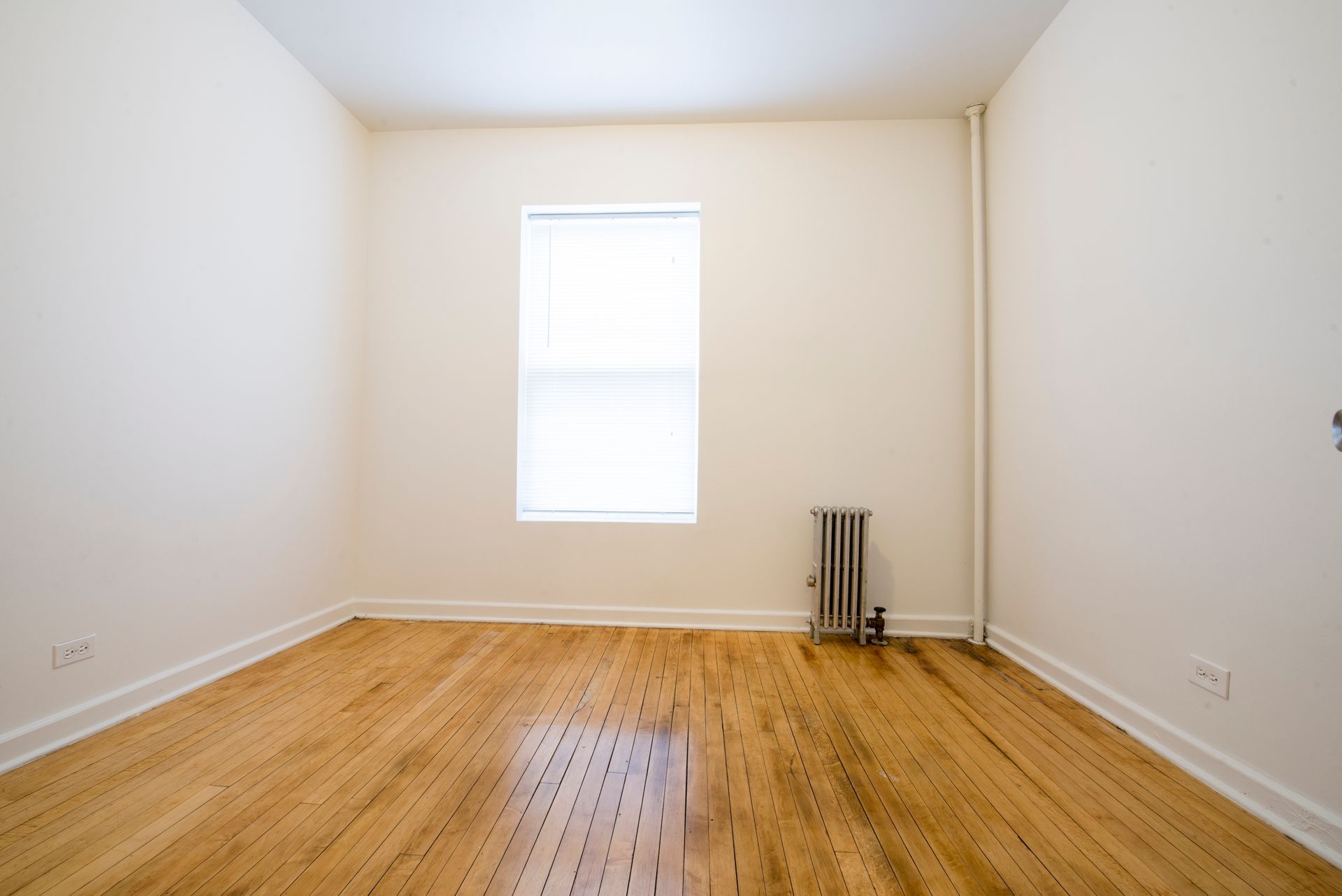 Empty room with hardwood floors, a window, and a radiator. White walls and trim.