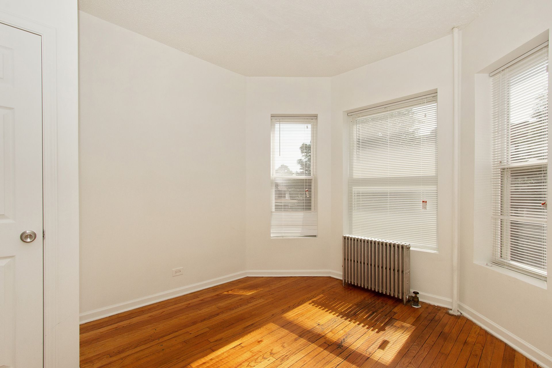 Empty, bright room with hardwood floors and bay windows, blinds, a radiator.