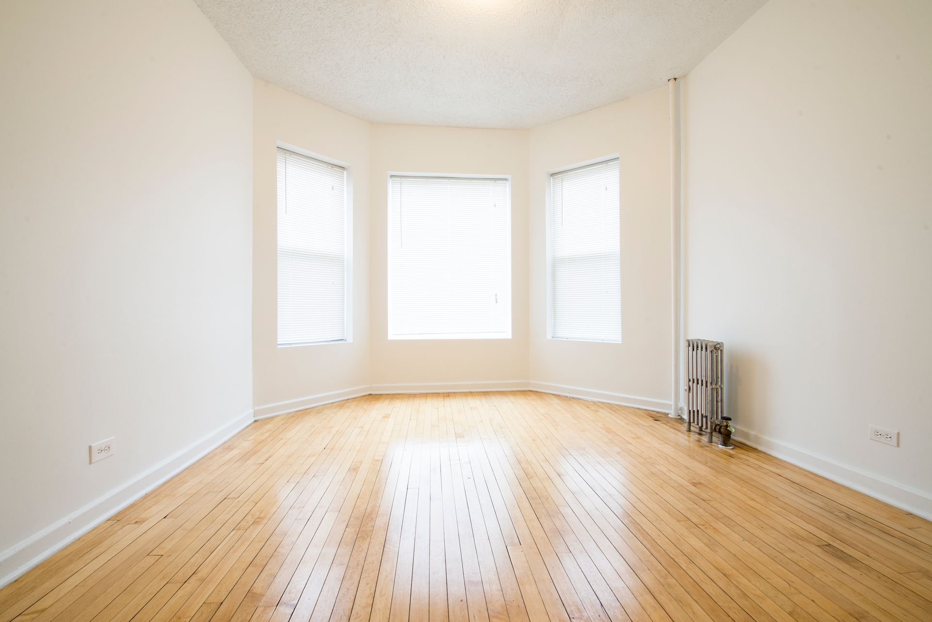 Empty room with hardwood floors, bay windows, and a radiator. White walls and blinds.