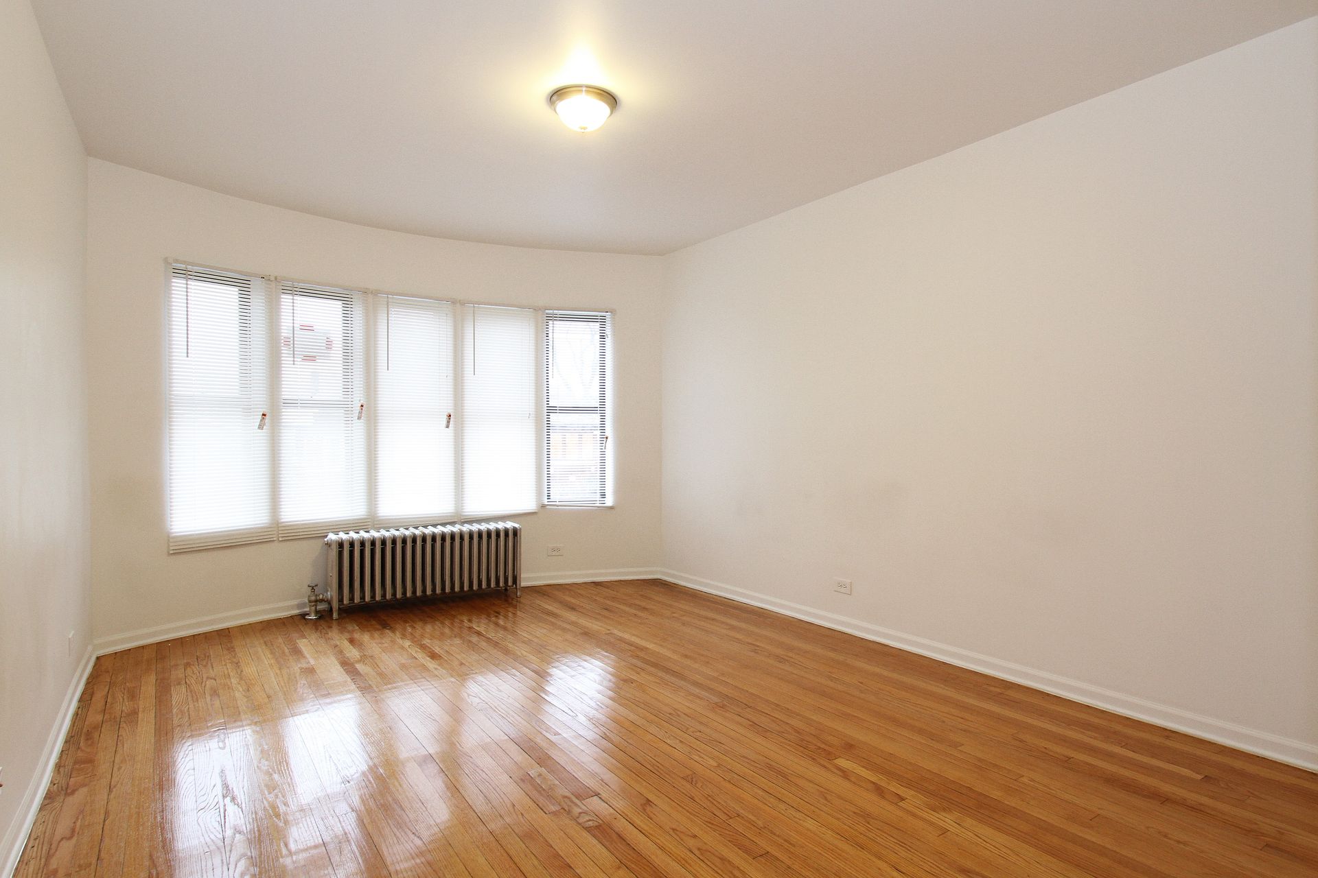 Empty room with hardwood floors, a curved window with blinds, and a radiator. Bright, white walls and ceiling.