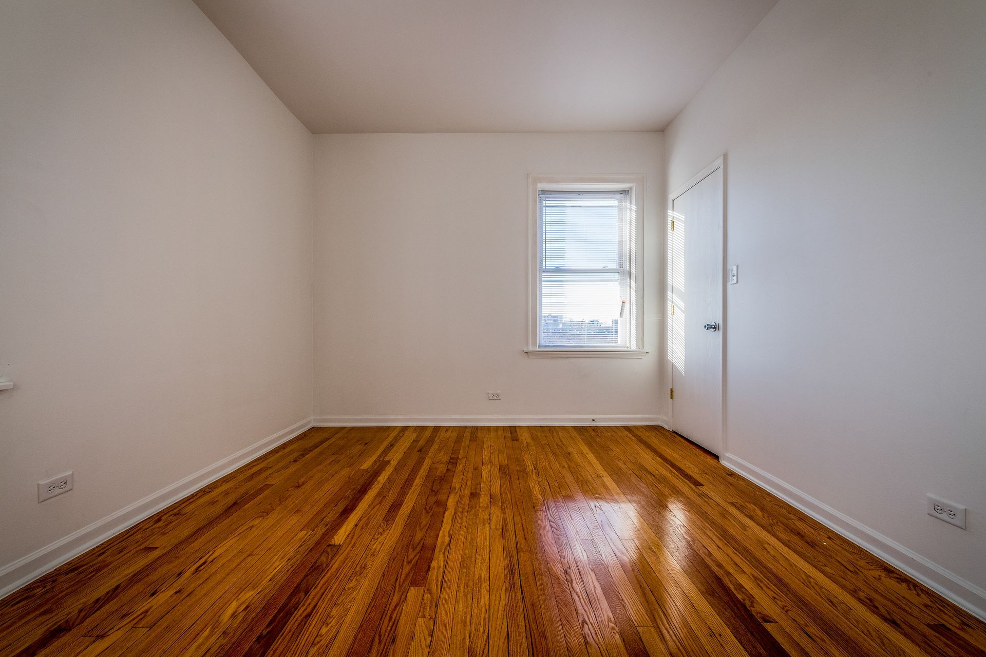 Empty room with hardwood floors, a window, and a door, all under bright lighting.