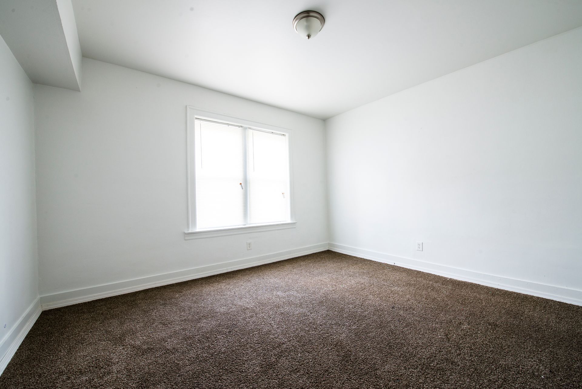 Empty room with brown carpet, white walls, and a window.