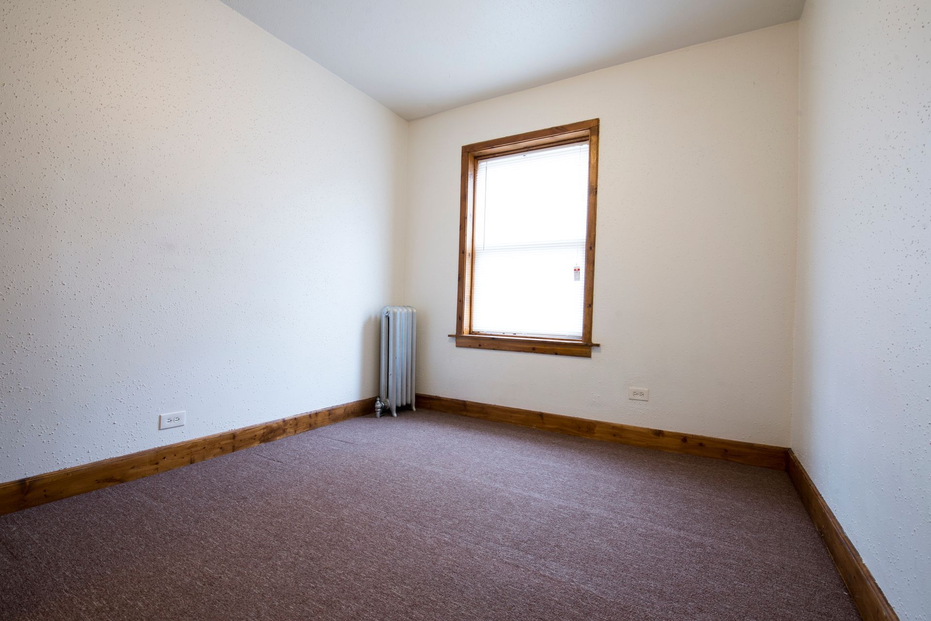 Empty room with brown carpet, window, radiator, and light-colored textured walls.