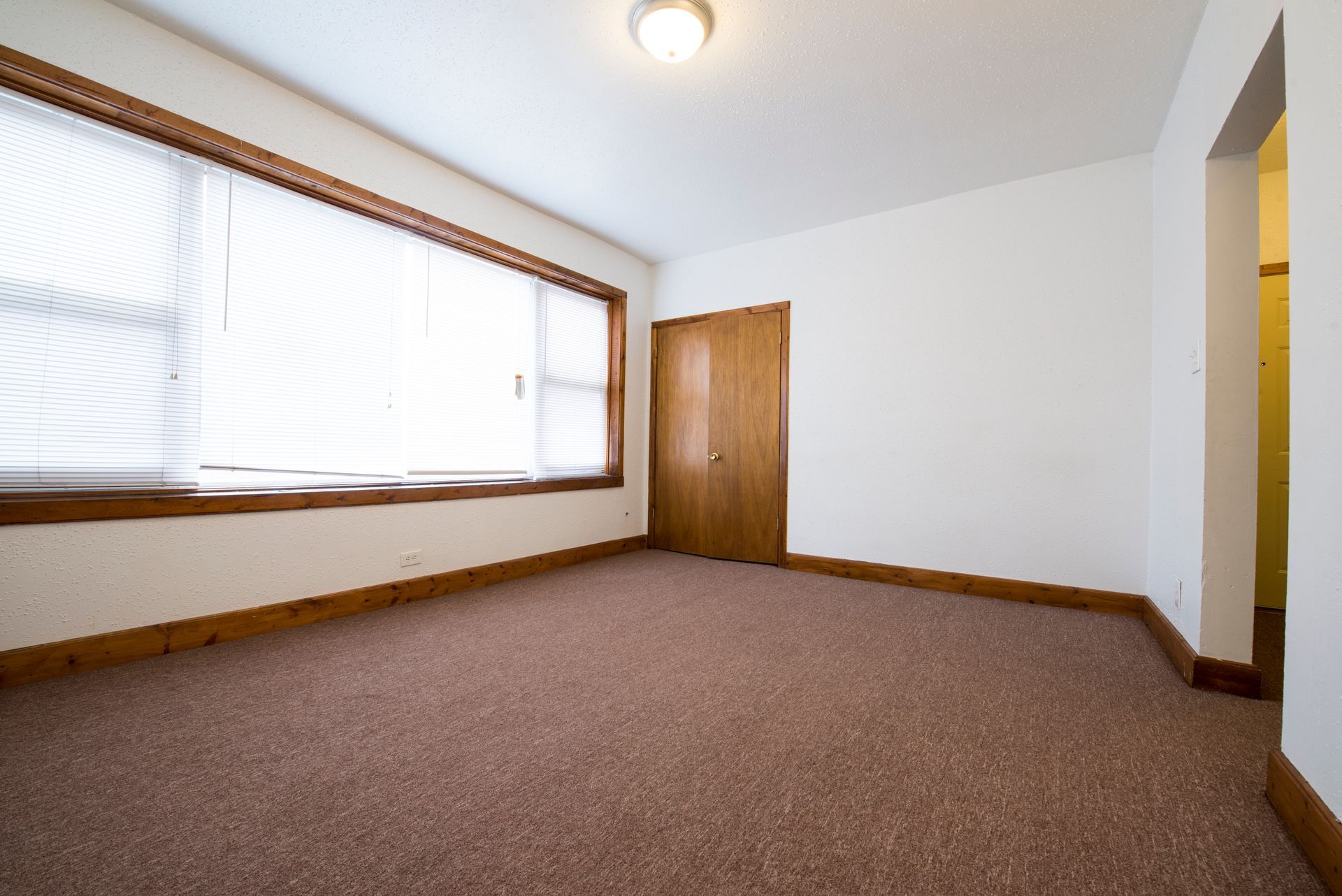 Empty room with brown carpet, white walls, large window with blinds, and a closed wooden door.