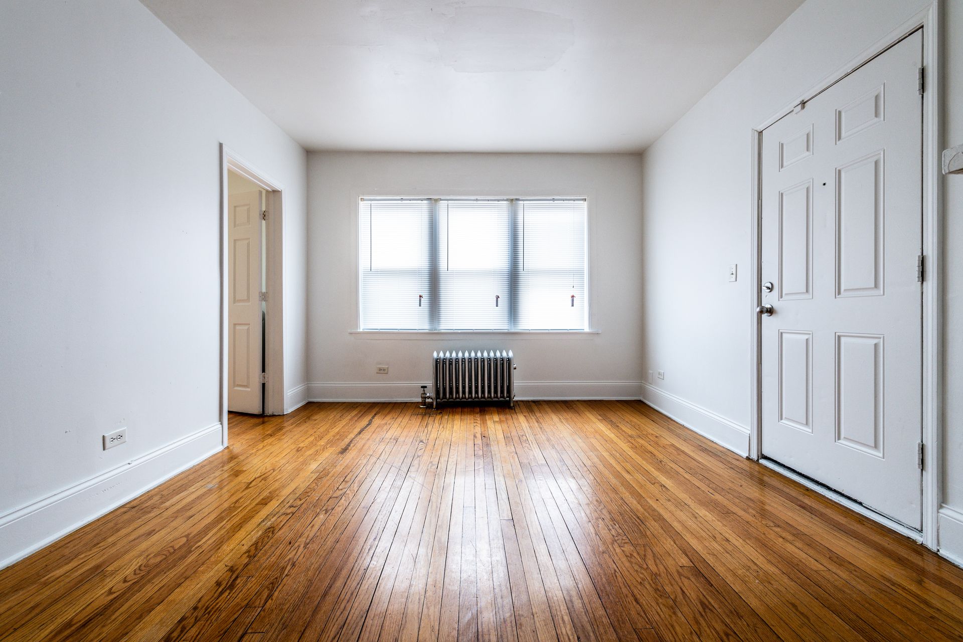 Empty room with wood floor, white walls, three windows, closed door, and radiator.