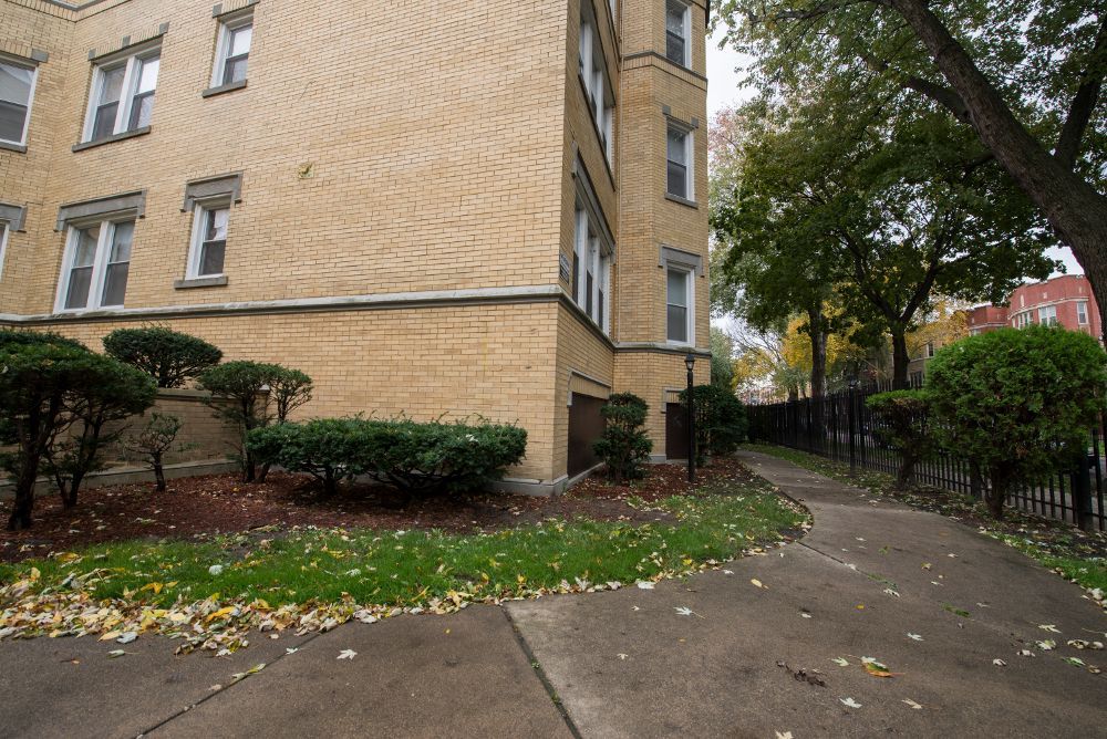 Yellow brick building, a concrete path, green bushes, and trees with autumn leaves.
