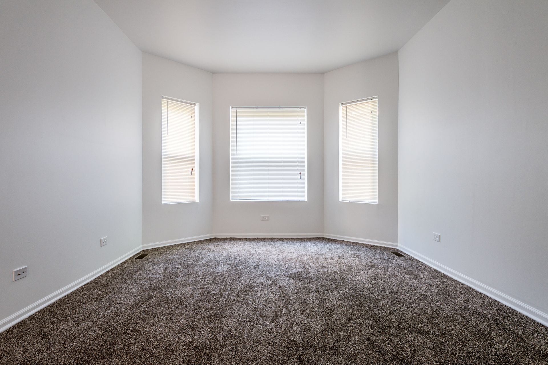 Empty room with brown carpet, white walls, and three windows with blinds.