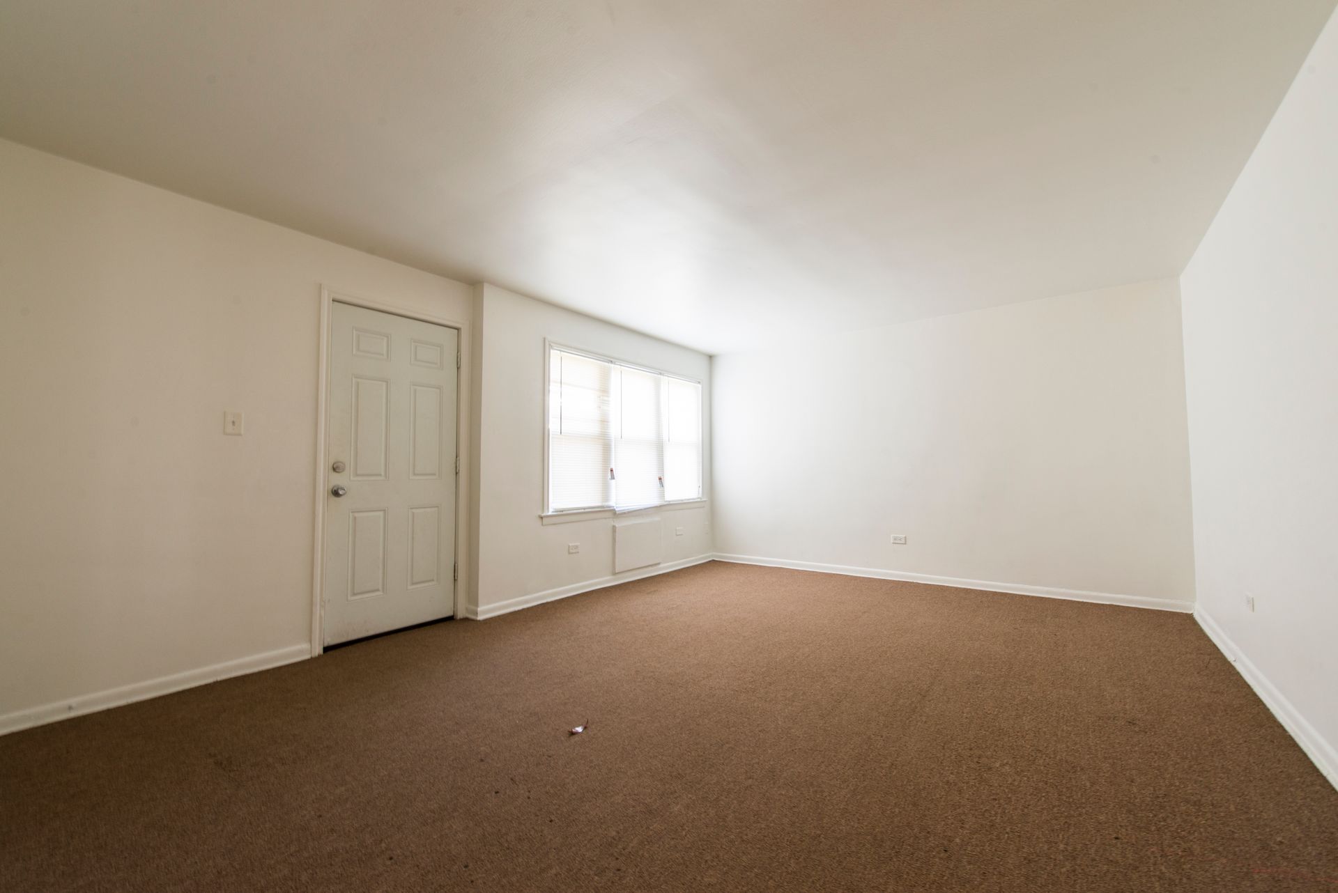 Empty room with brown carpet, white walls, a window, and a door.