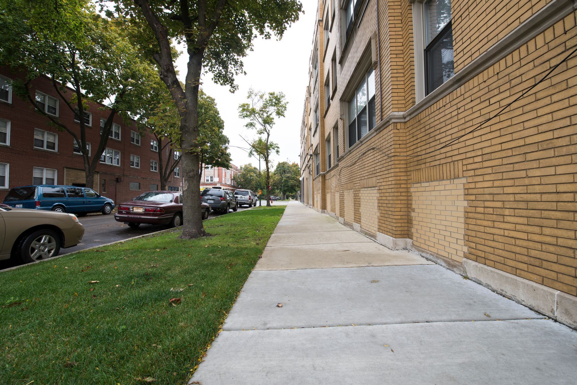 Sidewalk next to brick apartment building and grass with parked cars and trees.