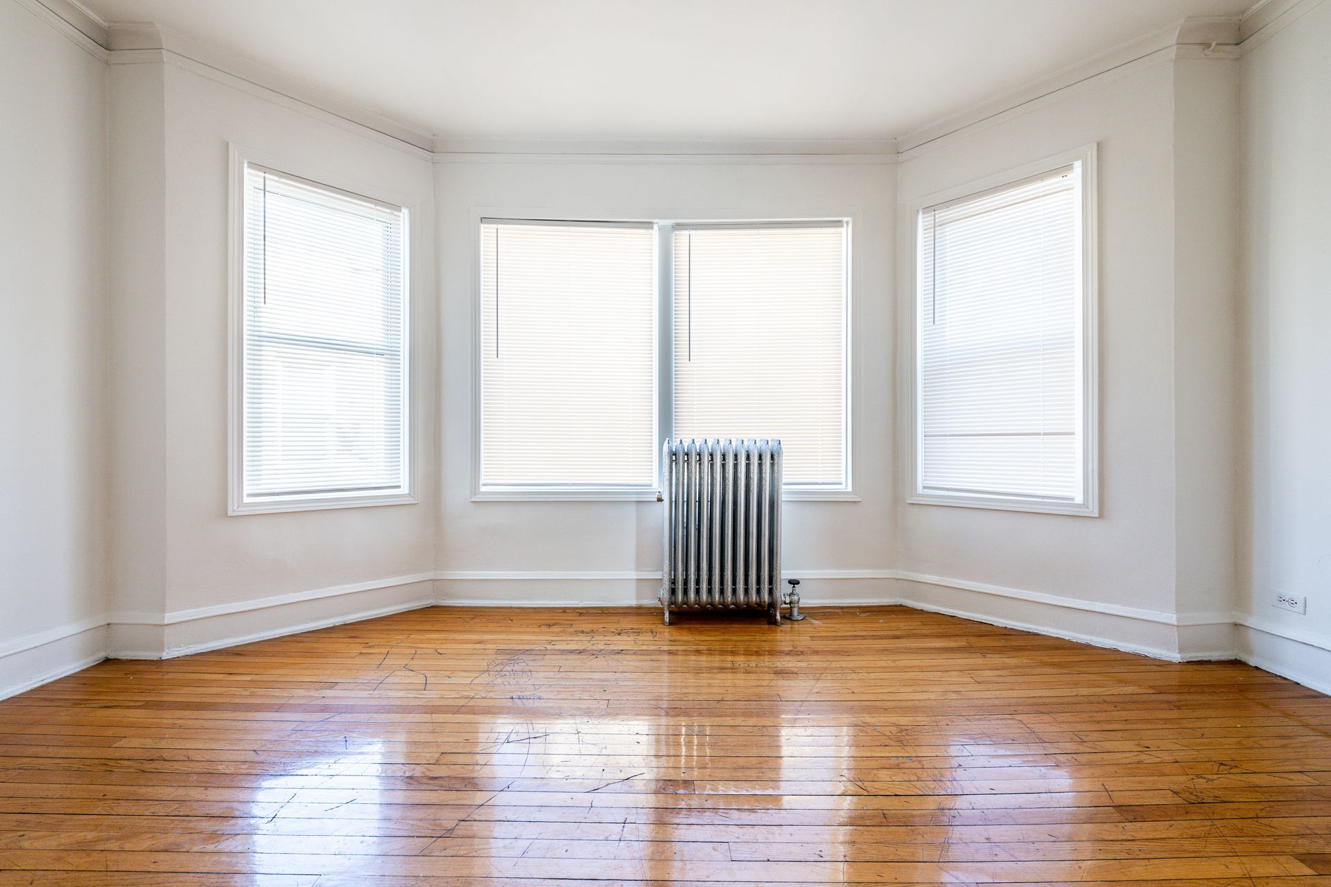 Empty room with bay windows, white walls, wood floor, and radiator.