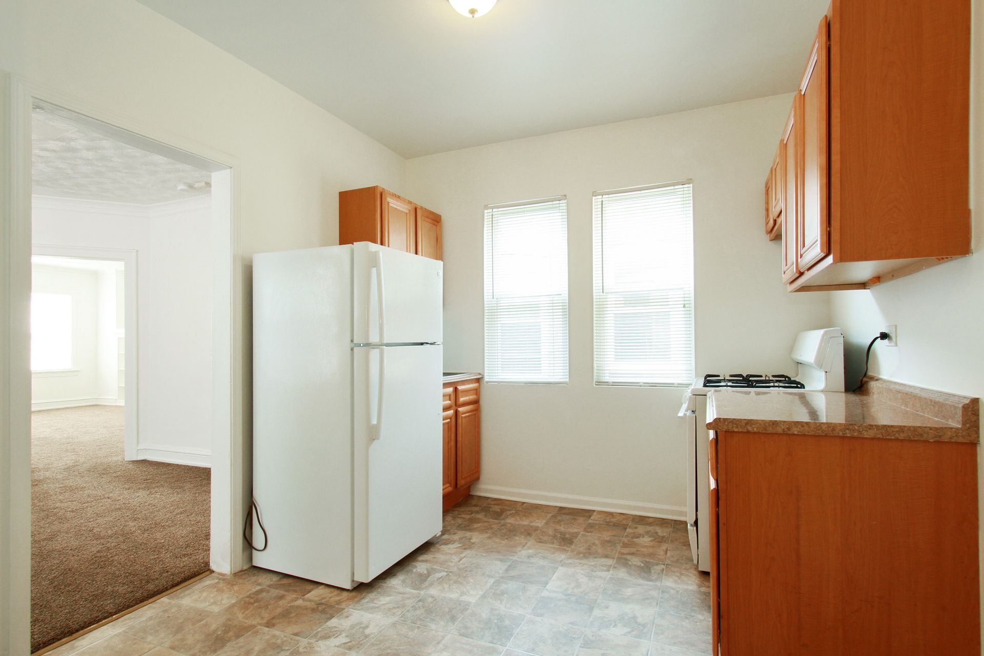 Kitchen with white refrigerator, wood cabinets, and doorway to a carpeted room.