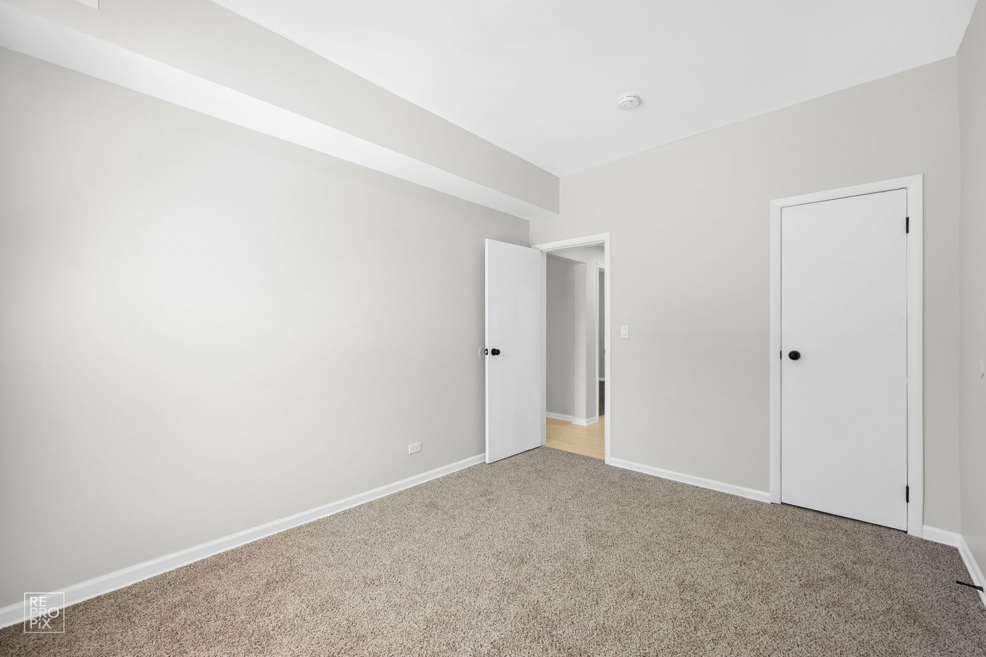 Empty room with gray walls, two white doors, and beige carpet.