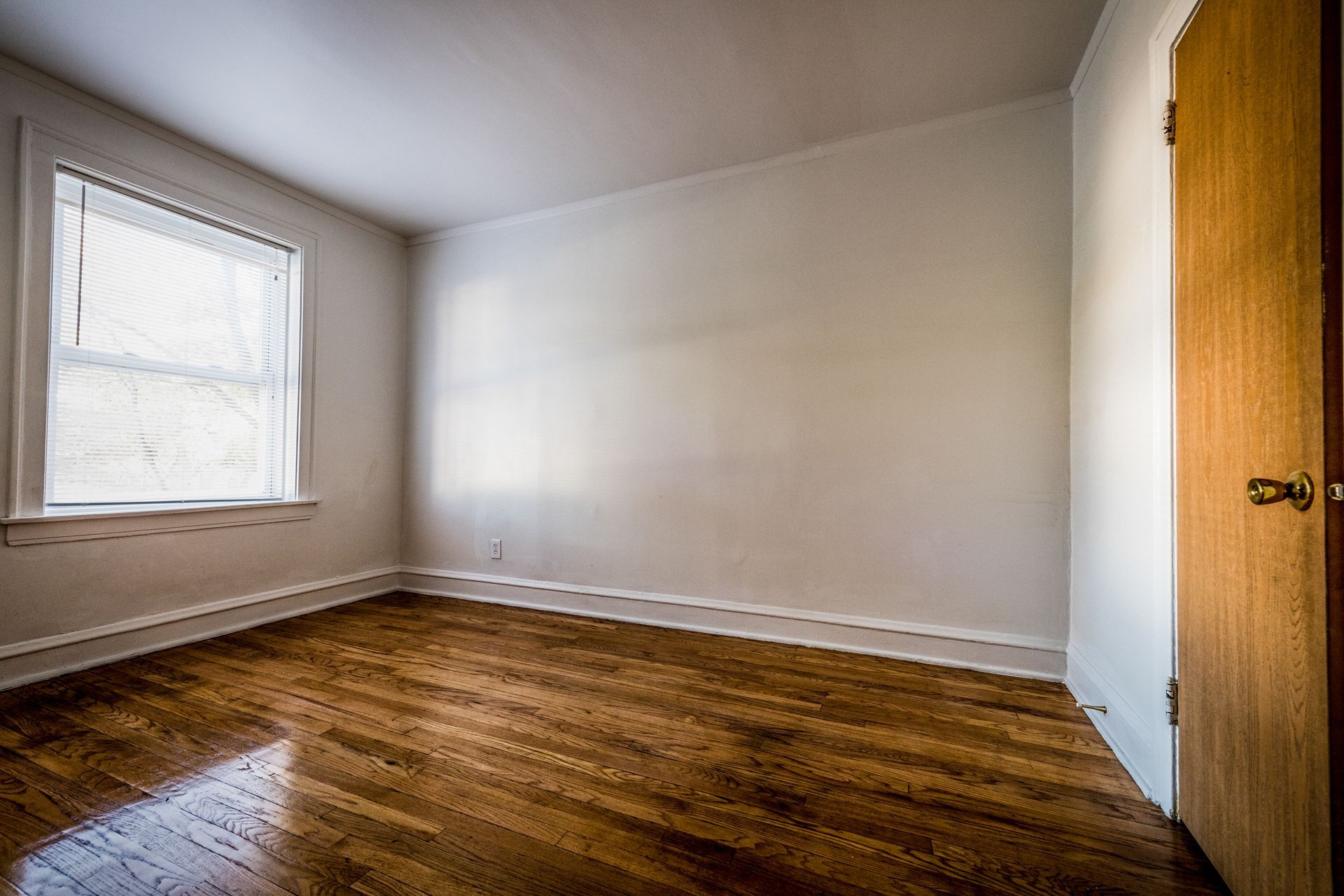 Empty room with hardwood floors, a window with blinds, and a closed wooden door.