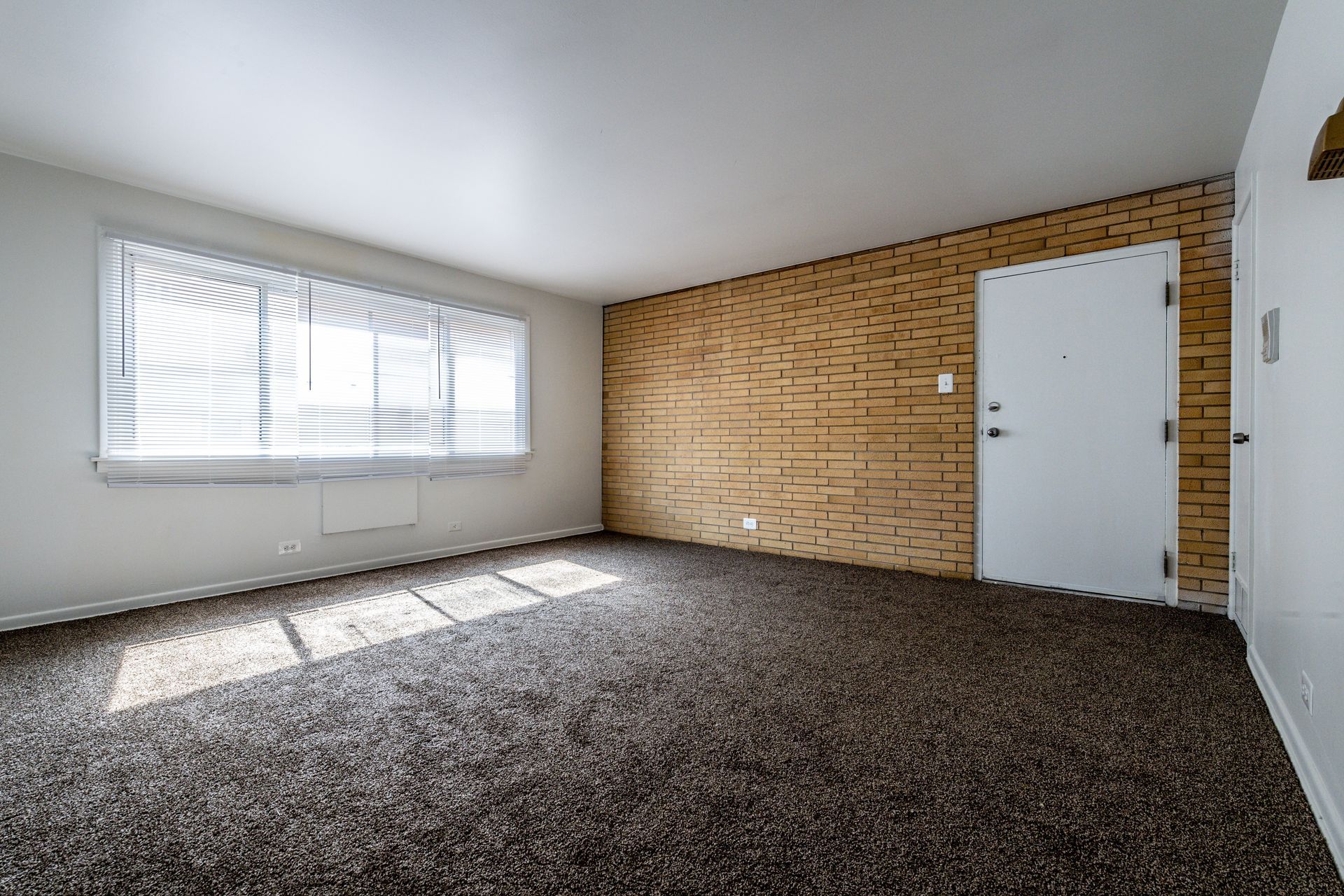 Empty room with brown carpet, window with blinds, brick wall and white door.