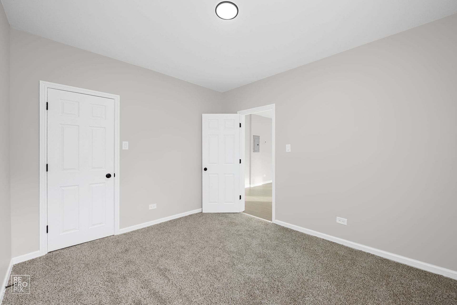 Empty room with light gray walls, carpet, and three white doors.