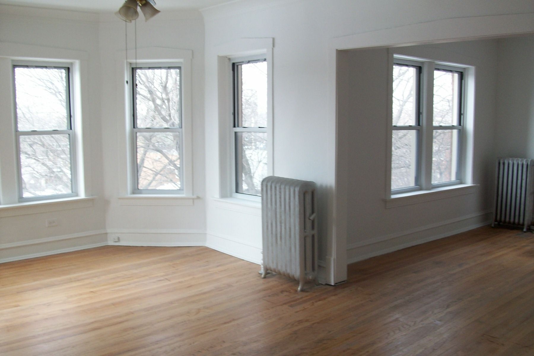 Empty, light-filled living room with hardwood floors, three windows, radiator, and white walls.