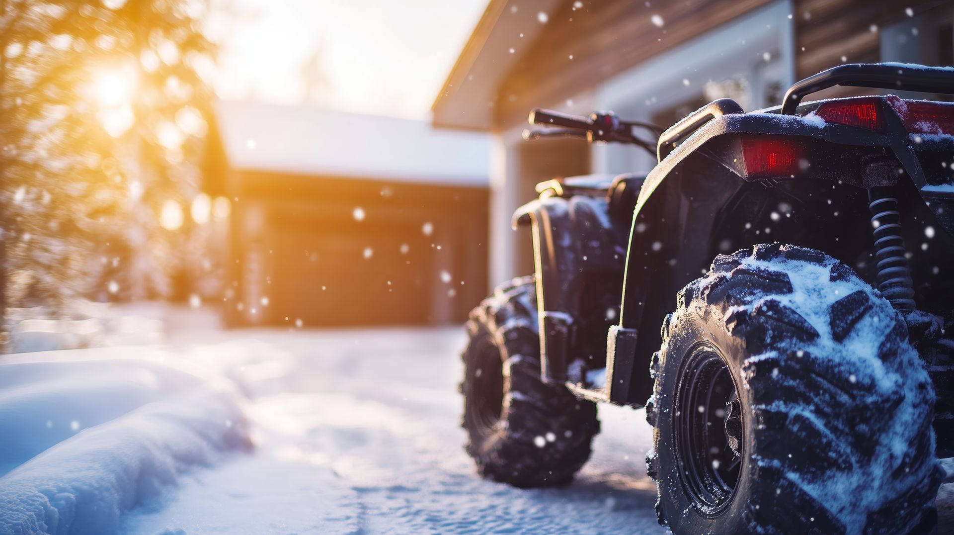 Un VTT est garé dans la neige devant une maison.