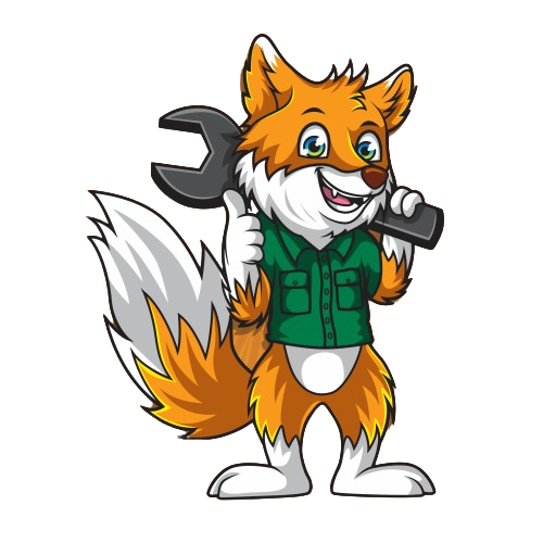 A cartoon fox is holding a wrench and a flashlight.