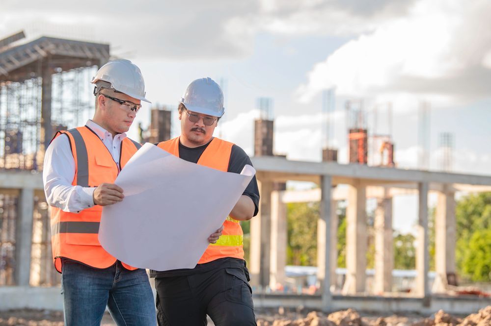 Dos trabajadores de la construcción con chalecos y cascos examinan planos en un sitio de construcción.