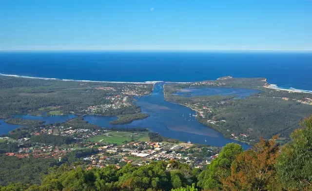 An Aerial View of a River Surrounded by Trees and a Body of Water — Seascapes Landscape Construction in Laurieton, NSW