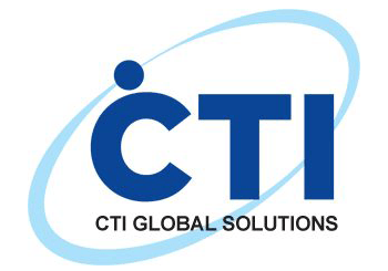 A blue and white logo for cti global solutions