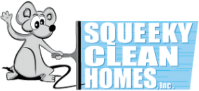 The logo for squeeky clean homes shows a mouse holding a vacuum cleaner.