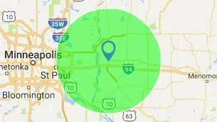 A map of minneapolis with a green circle around it.